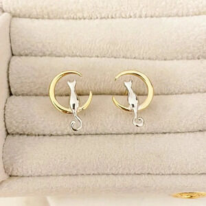 925 Sterling Silver Tiny Cat Studs Two Tone Earrings Cat Studs Moon & Cat